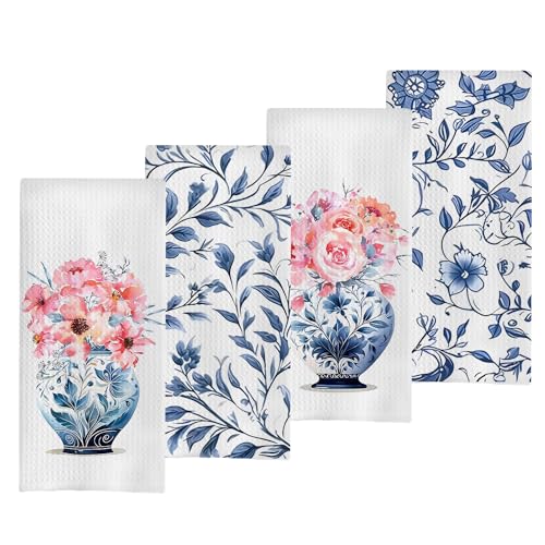 Chinoiserie Vase Dish Towels Set - Chinoiserie Waffle Weave Kitchen Towels, Chinoiserie Tea Towels Hand Towels, Blue and White Decor for Kitchen Bathroom (16×24 Inches Set of 4) - color: Chinoiserie-10