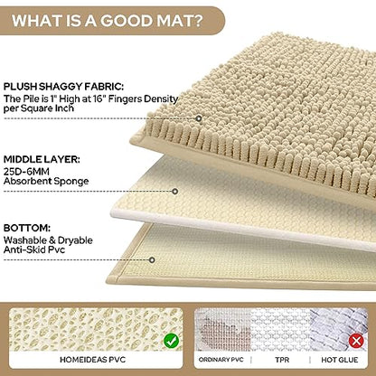 HOMEIDEAS 3 Pieces Bathroom Rugs, Ultra Soft Non Slip Absorbent Chenille Toilet Bath Mat Set (Beige) - color: Beige-beige, size: 17"x24"+20"x32"+U Shape 20"x24"