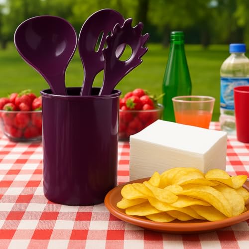 Reston Lloyd 6 Piece Kitchen Utensil Holder for kitchen counter, Utensils crock with Heat Resistant Spoon, Slotted Spoon, Ladle, Spatula BPA Free, Plum - color: Plum, size: Utensil Holder Set