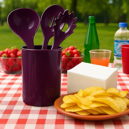 Reston Lloyd 6 Piece Kitchen Utensil Holder for kitchen counter, Utensils crock with Heat Resistant Spoon, Slotted Spoon, Ladle, Spatula BPA Free, Plum - color: Plum, size: Utensil Holder Set