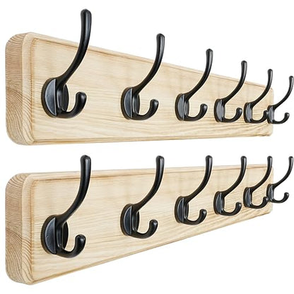 Coat Rack Wall: 24" Long, Patented, Heavy-Duty, 6-Double-Hooks Wooden Wall Mounted Coat Rack Coat Hanger Hook Rail for Winter Coats Hat Jacket Clothing, Light Brown, Pack of 2 - color: Light Brown & Black, size: L=24"(2pcs)