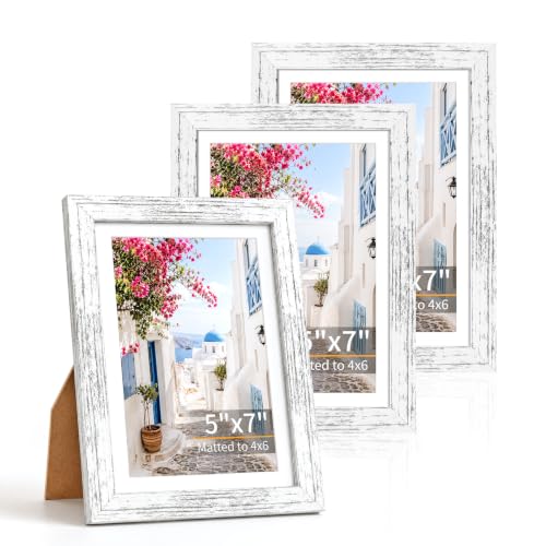 5x7 Picture Frames Set of 3 Vintage White Photo Frame Wall Table Display | Sturdy MDF 5x7 frames with mat clear plexiglass Hangs on wall stands on table family pics weddings diplomas home or office - color: Vintage White, size: 5x7
