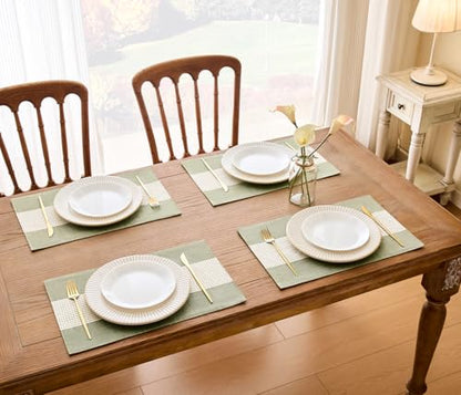 Wracra Linen Placemats, 12 x 18 Inch Set of 4 Placemats, Farmhouse Macrame Place Mats for Kitchen Table and Heat Resistant-Hemstitch Sage Green 4PCS - color: Sage Green, size: 12×18 Inch (Set of 4)