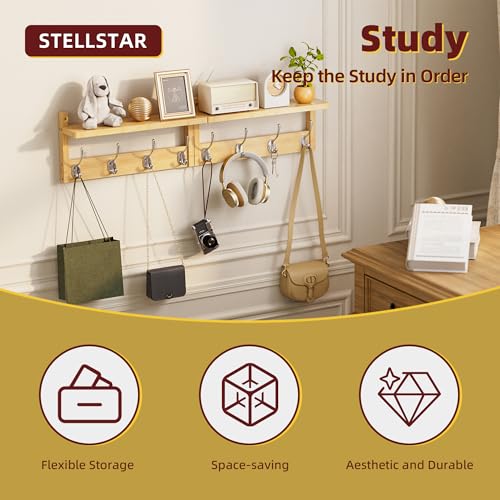 STELLSTAR Coat Rack with Shelf, 2 Pack Bamboo Wall-Mounted Coat Hanger with 8 Hooks for Entryway, Hallway, Kitchen, Bathroom, Living Room, Utility Room (Natural) - color: Natural