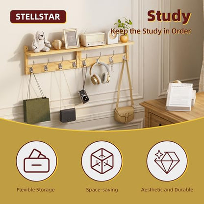 STELLSTAR Coat Rack with Shelf, 2 Pack Bamboo Wall-Mounted Coat Hanger with 8 Hooks for Entryway, Hallway, Kitchen, Bathroom, Living Room, Utility Room (Natural) - color: Natural