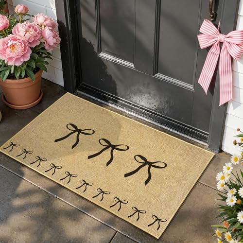 Black Bow Mats Welcome Mat for Inside Outside Entrance Kitchen Rug 17"x30" | non-slip backing, durable, low profile, coquette rugs, housewarming gift, for living room bedroom bathroom patio, floor decor - color: Bowtie Black