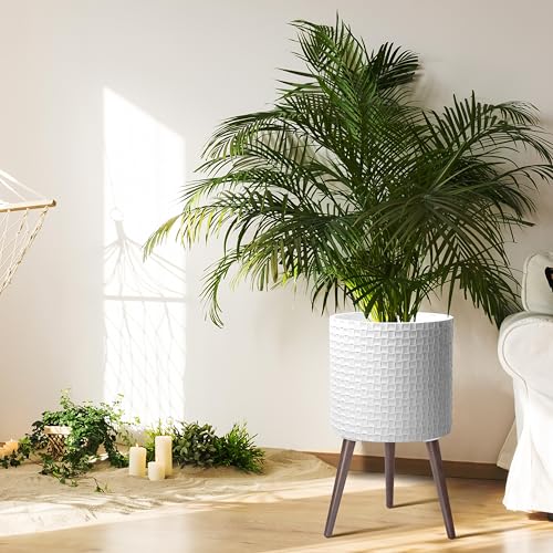 D'vine Dev Planter Pot with Wood Stand, 14 in, Matte White, 88-Z-D-1 | Mid-Century Modern Style, Elevated Plant Display, Drainage Hole and Plug, Functional & Stylish, Modern Indoor Planter - color: Matte White, size: X-Large