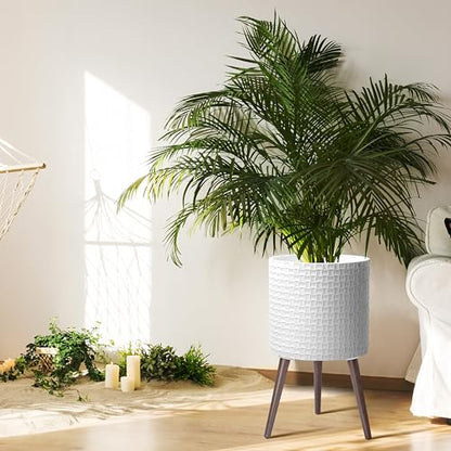 D'vine Dev Planter Pot with Wood Stand, 14 in, Matte White, 88-Z-D-1 | Mid-Century Modern Style, Elevated Plant Display, Drainage Hole and Plug, Functional & Stylish, Modern Indoor Planter - color: Matte White, size: X-Large