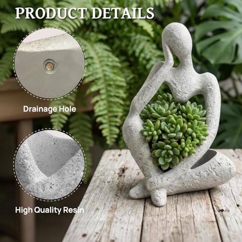 Large Resin Thinker Head Planter Pot with Drainage Hole Unique Indoor Outdoor Flower Pot for Succulents Cacti and Home Decor Perfect Plant Lover Gift