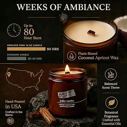 Hemlock Park Palo Santo Apothecary Crackling Wood Wick Candle | 16 oz | Coconut Apricot Wax | Crackling Wood Wick | Botanical Fragrance | Made in USA - size: Large 16 oz