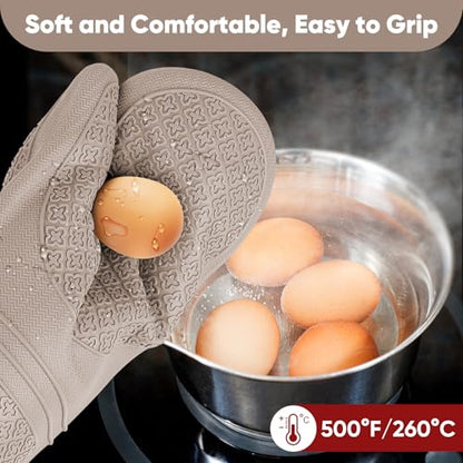 Silicone Oven Mitts, Heat Resistant Oven Gloves with Quilted Liner, Waterproof & Non-Slip Kitchen Mittens for Baking Cooking BBQ, 500°F, 12.5"-Milkshake Beige - color: Milkshake Beige