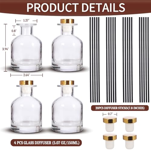 4 Pack Perfume Reed Diffuser Bottle,Empty Big Belly Aromatherapy Essential Oil Bottles Glass Jar with Black Sticks for DIY Fragrance Replacement Diffuser Sets (150ml/ 5 oz, Transparent Color) - color: Transparent( 5 Oz )