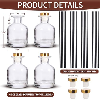 4 Pack Perfume Reed Diffuser Bottle,Empty Big Belly Aromatherapy Essential Oil Bottles Glass Jar with Black Sticks for DIY Fragrance Replacement Diffuser Sets (150ml/ 5 oz, Transparent Color) - color: Transparent( 5 Oz )