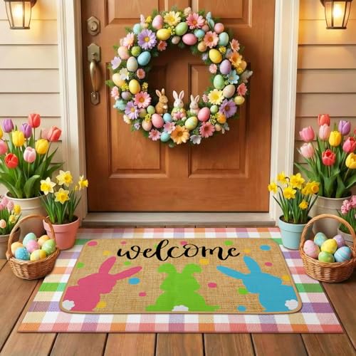 Tinideya 2 Pcs Easter Bunny Doormats Welcome Outdoor Spring Rabbit Door Mats Layered Front Door Rugs Non Slip Floor Mats for Porch Entryway Outdoor - size: 16 x 28 Inch,24 x 35 Inch, style: Bunny