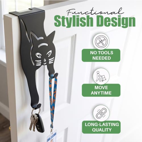 Evelots Cat Over The Door Hooks for Hanging - Black - Over The Door Organizer - Strong Metal Hooks - size: 1 Pack, style: Scratching Cat Design