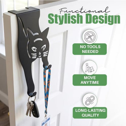 Evelots Cat Over The Door Hooks for Hanging - Black - Over The Door Organizer - Strong Metal Hooks - size: 1 Pack, style: Scratching Cat Design