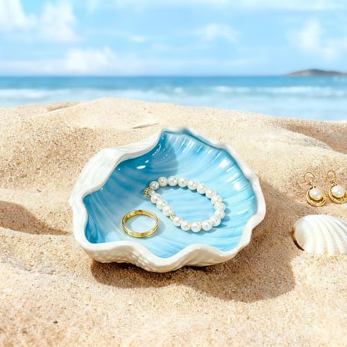 Seashell Ceramic Jewelry Trinket Tray, Blue White Decorative Ring Holder Dish for Rings Earrings Necklaces, Women’s Birthday Gift, Mother’s Day Present - style: Shell