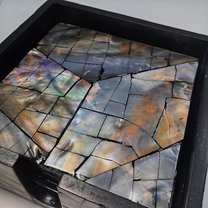 i-lan Mother of Pearl Coasters Set of 6 with Holder - 4.7" Square Drink Coasters for Kitchen, Dining Room, Coffee Table - Black Mosaik Pattern, Shell Inlay Cup Mats - color: Black Mosaik