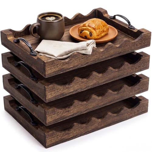 4 Pcs Rustic Wood Scalloped Serving Tray Wood Decorative Serving Tray with Handle Rustic Rectangular Trays 13 x 9.5 Inches for Farmhouse Ottoman Breakfast Coffee Table Home Decor(Brown) - color: Brown