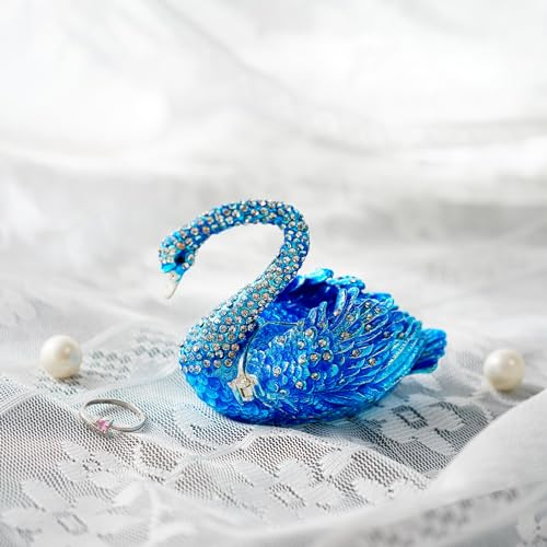 YU FENG 3.5 Inch Blue Swan Trinket Box, Hinged Jewelry Box Figurine Decor | Elegant Swan Design, Enamel Finish With Crystal Accents, Jewelry Storage Organizer, Decorative Collectible, Gift For Women