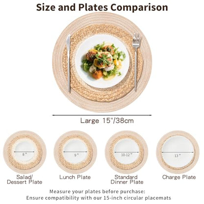 Handmade Round Boho Placemats Set of 6 | Natural Woven & Polyester Braided Combo Table Mats | 12-Piece Versatile Place Mats | Simple Rustic Farmhouse Style Dining Table Decor, Beige - color: Beige