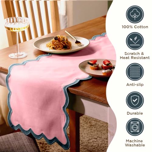 Folkulture Table Runner 90 Inches Long | Scalloped Pink | Table Runner for Dining Table Decor, 100% Cotton, Machine Washable, Runners for Kitchen, Living Room, Party, Farmhouse - size: 14" x 90", style: Laguna Blush