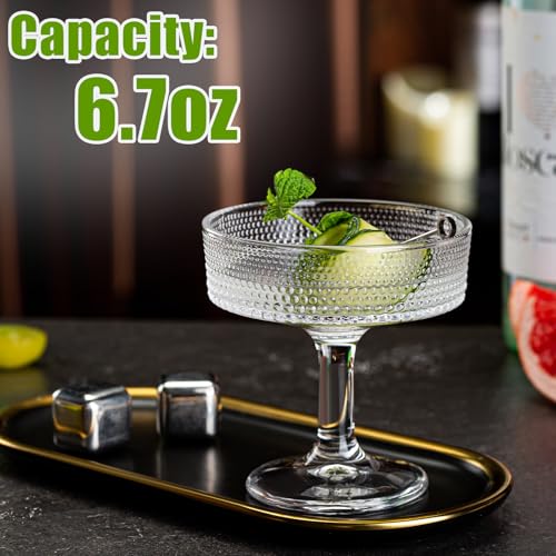12 Pcs Martini Glasses, 6.7oz Crystal Champagne Tower, Art Deco Hobnail Coupe Glasses, Stem Cocktail Glassware Set, Margarita Cups, Heavy Base Bar Glassware for Martini, Gimlet, Manhattan - style: Hobnail Style