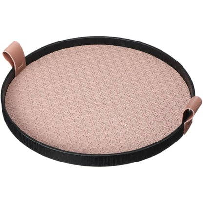 12 Inch Round Ottoman Tray, Woven Leather Decorative Tray,Brown | PU Leather Texture, Smooth Handles, Waterproof Surface, Easy Care Design, Coffee Table Accent, Living Room Home Decor