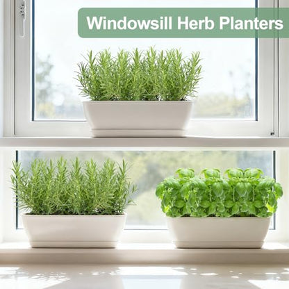 8-Piece White Rectangular Window Sill Planters with Drainage Holes and Trays (11 Inches) for Basil, Orchids, and Succulents Modern Herb Garden Planters Suitable for Indoor/Outdoor Plants - size: 11.1 x 3.23 x 3.54-inch