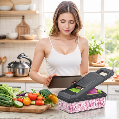 12-in-1 Vegetable Chopper 7 Blades, Veggie Cutter with Handle, Green/Grey | Stainless Steel Blades, Food Container and Lid, Dicer, Slicer, Julienne, Egg Separator, Non-slip Base, Include Cleaning Tools - color: Green, size: 7 blades