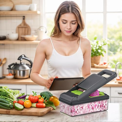 12-in-1 Vegetable Chopper 7 Blades, Veggie Cutter with Handle, Green/Grey | Stainless Steel Blades, Food Container and Lid, Dicer, Slicer, Julienne, Egg Separator, Non-slip Base, Include Cleaning Tools - color: Green, size: 7 blades
