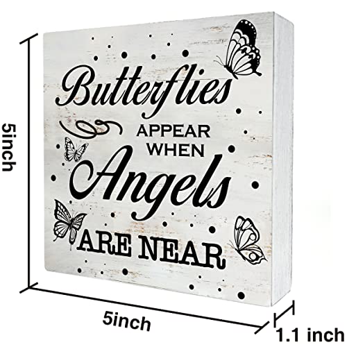 Rustic Religious Sympathy Quote Wood Box Sign Butterflies Appear When Angels are Near Wooden Box Sign Home Desk Shelf Decor (5 X 5 Inch) - color: Angels