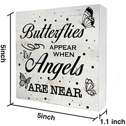Rustic Religious Sympathy Quote Wood Box Sign Butterflies Appear When Angels are Near Wooden Box Sign Home Desk Shelf Decor (5 X 5 Inch) - color: Angels