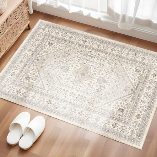 2x3 Washable Entryway Area Rug - Non-Slip Boho Throw Rugs Beige Gray | Low Pile Thin Small Carpet for Bedside Soft Pet-Friendly Indoor Door Mat for Kitchen Bedroom Bathroom Home Decor - color: Beige/Gray, size: 2' x 3' (Rectangular)