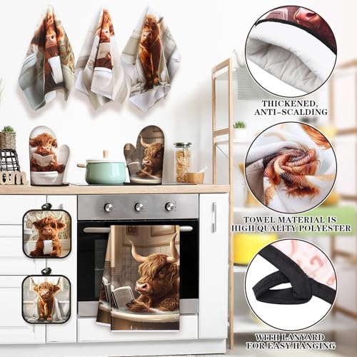 VitalCozy 8 Pcs Highland Cow Kitchen Towels Pot Holders Oven Mitt Set Absorbent Highland Cattle Dish Towels Square Potholders Watercolor Heat Resistant Glove for Home Cooking Baking Gift(Funny) - style: Funny