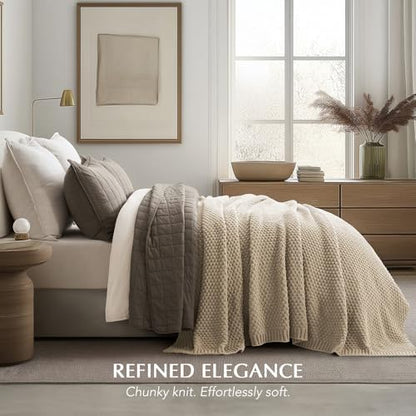 EVERGRACEHOME Chunky Chenille Knit Throw Blanket, 90 x 90, Sand Dune | Sculpted Moss Stitch, Chic Modern Farmhouse, All-Season Warmth, OEKO-TEX® Certified, Oversized Queen for Couch, Bed, Sofa - color: Sand Dune, size: 90" X 90"