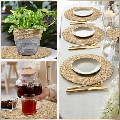 Elcoho 40 Pieces Round Woven Placemats 13.8 Inch Boho Rattan Placemats Farmhouse Braided Place Mats Woven Plate Chargers Rustic Wicker Table Mats for Dining Table - size: 13.8 Inch
