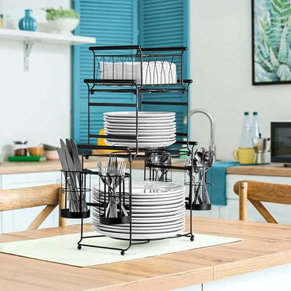 Sorbus® Buffet Caddy — 7-Piece Stackable Set Includes Plate, Napkin, and Silverware Holder, 3-Tier Detachable Tabletop Organizer — Ideal for Kitchen, Dining, Entertaining, Parties,Thanksgiving (Black) - color: Black