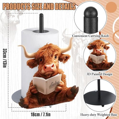 Highland Cow Paper Towel Holder Countertop Kitchen Decor and Accessories Black Metal Farmhouse Large Tissue Stand for Home Bathroom 3D Cow Hand Painting Pattern Farm Table Decor Gifts - style: Highland Cattle