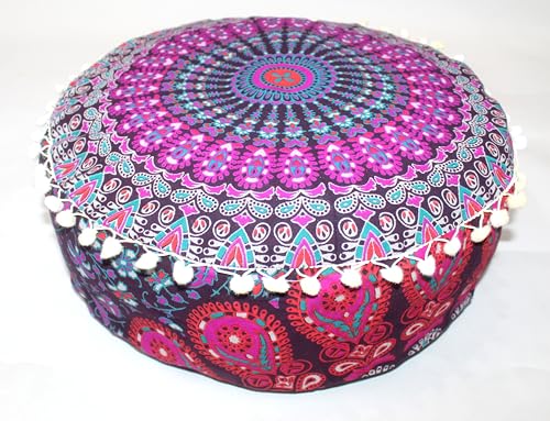 CRAFT KALA Pink Peacock Large Hippie Mandala Meditation Floor Ottoman Pillow Cushion Pouf Cover Square Poufs Bohemian Circle Floor Cushion Case Outdoor Fireplace Yoga Living Room Decor Cover 16" Round - color: Pink, size: 16"D x 16"W x 5"H