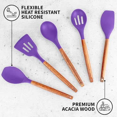 Zulay Kitchen 5 Piece Silicone Utensil Set | Non-Stick Silicone Cooking Utensils Set with Acacia Wood Handles - 464°F Heat Resistance Kitchen Utensils Set - Purple - color: Purple, size: 5-Piece Set