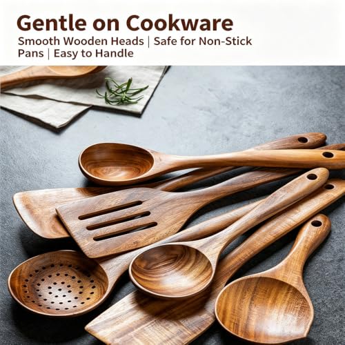 11 Pcs Acacia Wood Kitchen Utensils Set with Storage Holder, Handcrafted Natural Wooden Cooking Tools, Gentle for Non-Stick Cookware, Farmhouse Kitchen Decor & Ideal Housewarming Gift Style-D