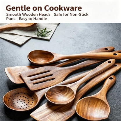 11 Pcs Acacia Wood Kitchen Utensils Set with Storage Holder, Handcrafted Natural Wooden Cooking Tools, Gentle for Non-Stick Cookware, Farmhouse Kitchen Decor & Ideal Housewarming Gift Style-D