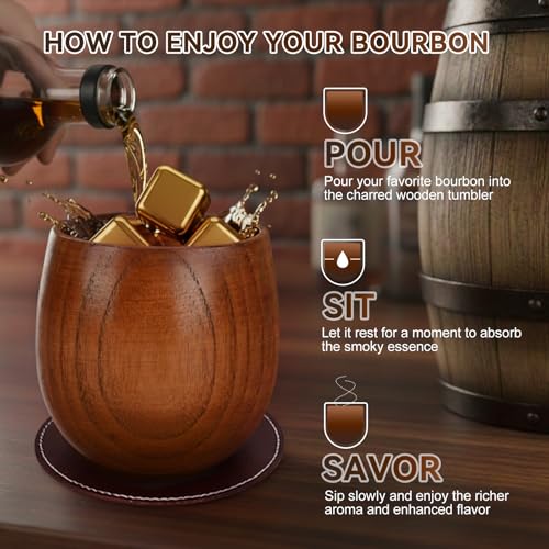 Charred Wooden Bourbon Drinking Glass Wooden Whiskey Glasses Set of 2 Complete Whiskey Gift Set Old Fashioned Glass Bourbon Gifts for Men (Gold Accents) - style: 2 Pack – Wooden Gift Box (Gold Accents)