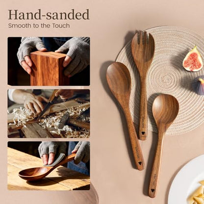 Kikcoin 7 PCS Durable Natural Teak Wooden Cooking Utensils Set, Non Toxic Wooden Spoons for Cooking, Wooden Utensil Set for Cooking with Comfort Grip, Nonstick & Easy to Clean Wood Kitchen Utensil Set - size: 7-Piece Set