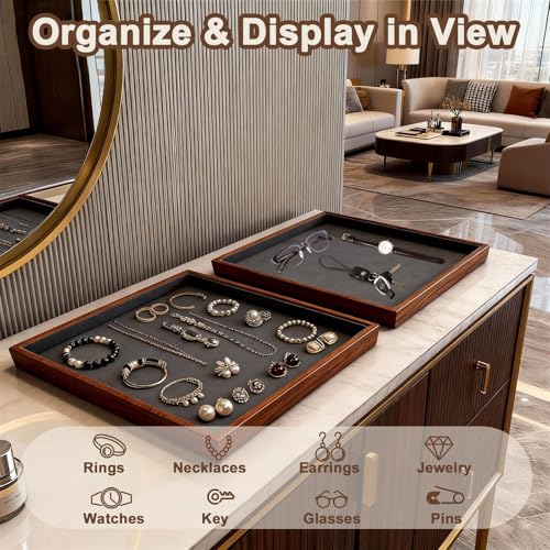 Large Solid Wood Jewelry Watch Tray, Velvet Jewelry Board Display Trays for Key Wallet Ring，Stackable Wooden Jewelry Drawer Organizer Showcase Jewelry Holder(Grey) - color: Gray