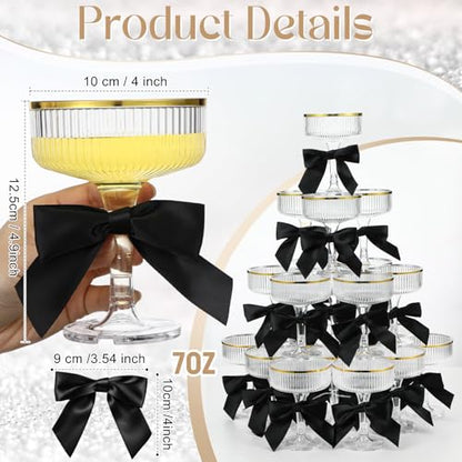 Set of 24 Plastic Champagne Coupe Glasses with Bow 7 oz Gold Champagne Tower Set Stackable Acrylic Ribbed Martini Glasses Cocktail Coupe Cup for Wedding Birthday Party Bar (Ribbon,Black) - color: Black, style: Ribbon