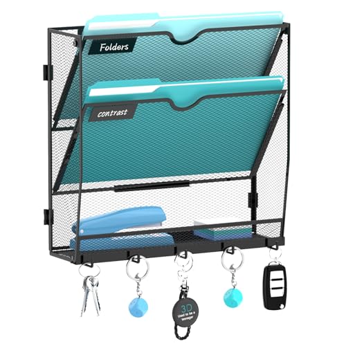 3-Tier Wall File Organizer and Mail Organizer with 5 Hooks, Black | Label slots, curved openings, 5 key hooks, and a bottom tray support organized mail, file, and everyday item storage. - color: Black, size: 3 Tier