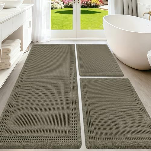 Upgraded Waffle Bath Mat Set 3 Piece Greyish Green-Bordered, Super Absorbent Non-Slip Quick Dry Bathroom Rugs with Tassels, Machine Washable Ultra Soft Boho Bath Rugs, Toilet Mats Boho Farmhouse Decor - color: Greyish Green, size: 48"x24"+36"x24"+24"x17"