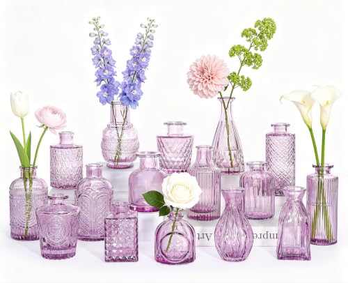 SUPMIND 16 Small Purple Glass Bud Vase, Flower Vase for Table Centerpieces | Mini Vases in Bulk, Cute Vintage Vase Set of 16 for Wedding, Home Decor, Table Decoration - color: Purple